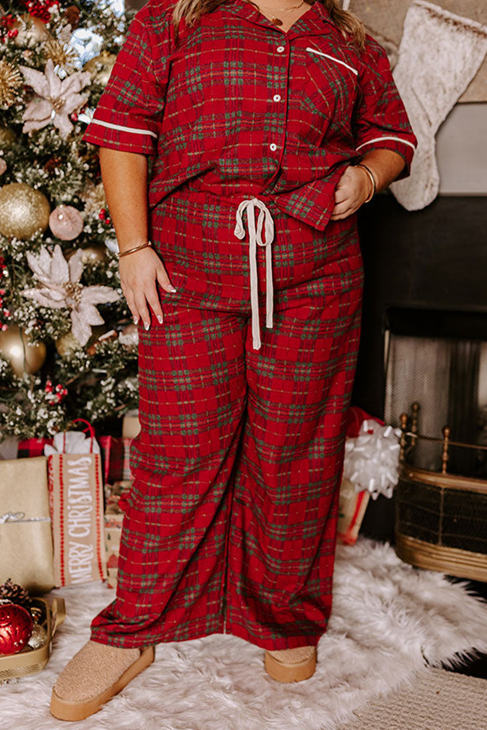 Red Plus Size Plaid Short Sleeve Shirt Loose Pants 2pcs Pajama Set Dear-Lover Dropshipping